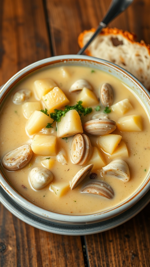A bowl of creamy clam chowder with clams and potatoes, garnished with parsley, on a wooden table with bread.